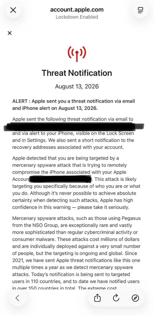 apple allert spyware notifica